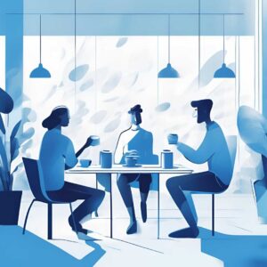 Ilustración futurista de una reunión en un café, con tonos azulados y un ambiente moderno. Representa la conexión humana en entornos digitales y la discusión acerca de cómo las tendencias actuales transformaran el mundo. Perfecta para temas de networking y tecnología.