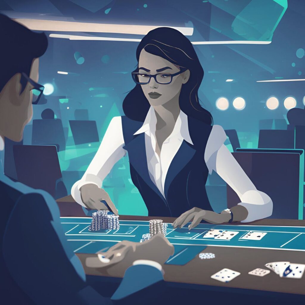 Crupier profesional en un casino futurista, repartiendo fichas y cartas en una mesa de póker iluminada con tonos azules y verdes, representando incertidumbre, aleatoriedad y probabilidad en proyectos