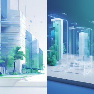 Ilustración comparativa de industrias basadas en átomos e industrias basadas en bits y bytes. A la izquierda, arquitectura física con vegetación; a la derecha, una ciudad digital futurista con estructuras holográficas. Representa Impacto de la transformación digital en industrias de átomos y bits