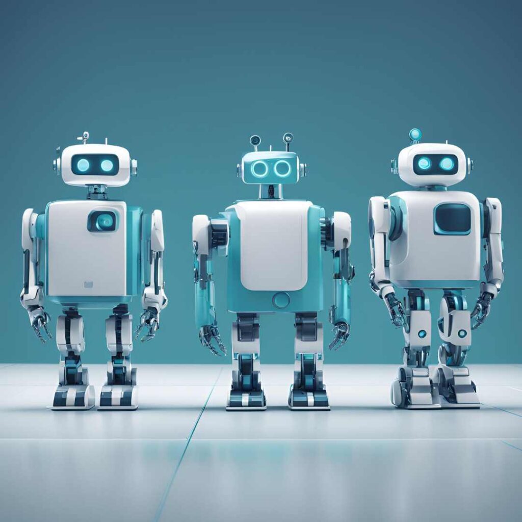 Robots humanoides avanzados con iluminación futurista, representando agentes inteligentes sincronizados en Latinoamérica.