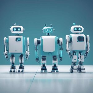 Robots humanoides avanzados con iluminación futurista, representando agentes inteligentes sincronizados en Latinoamérica.