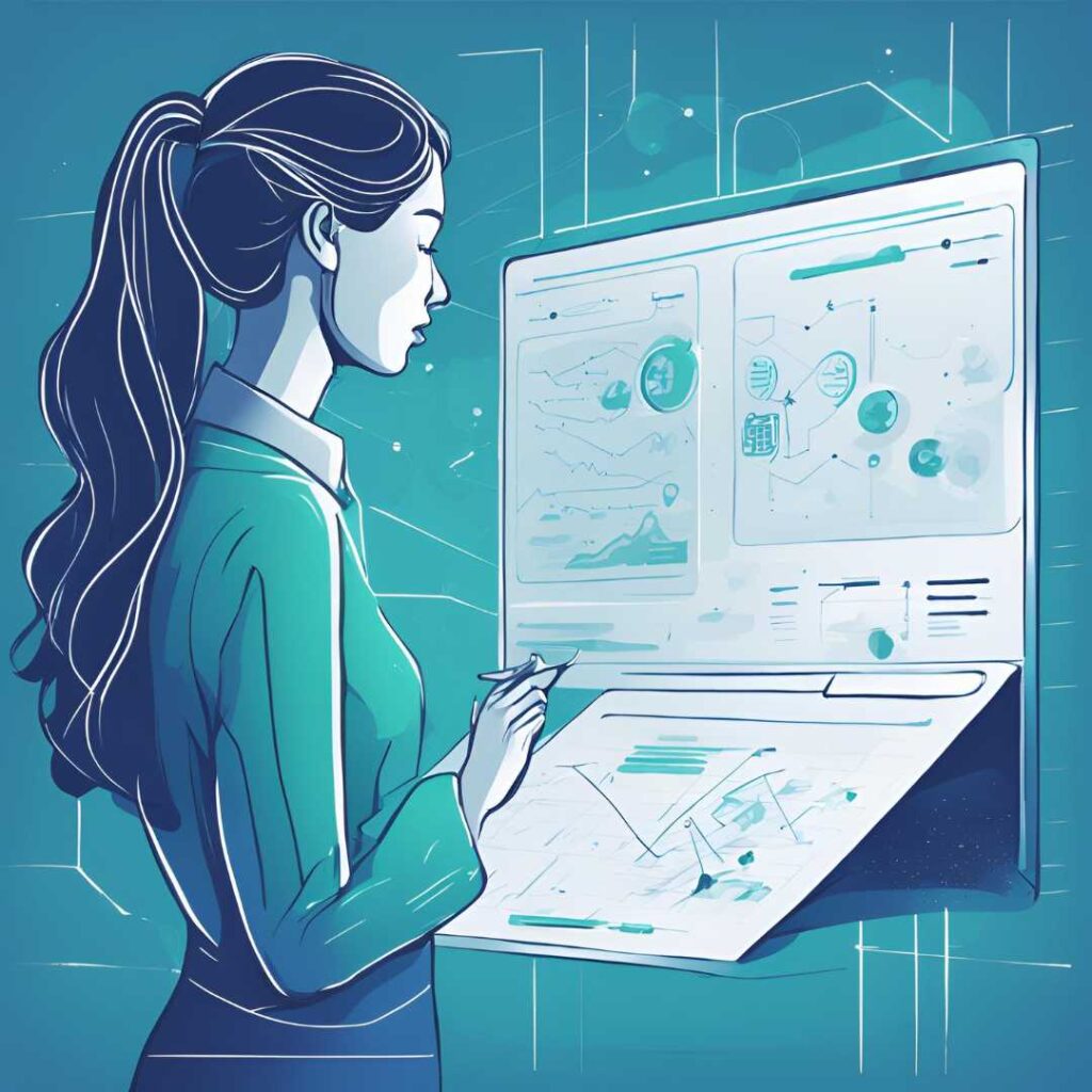 "Ilustración de una mujer analizando datos en una pantalla digital, representando el aprendizaje y aplicación de inteligencia artificial en la cotidianidad. Diseño futurista con tonos azules y elementos gráficos que reflejan cómo entender, aprender y aplicar IA en nuestra cotidianidad