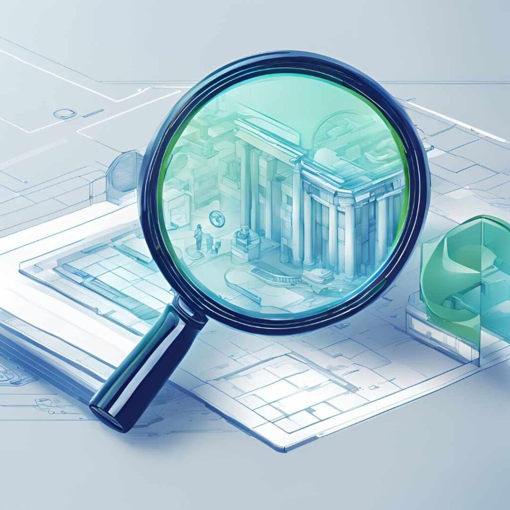 Ilustración futurista de una lupa ampliando la vista de un banco digital en una pantalla. Representa la experiencia de usuario en fintechs como LuloBank, destacando innovación, análisis de datos y transformación digital en el sector financiero.