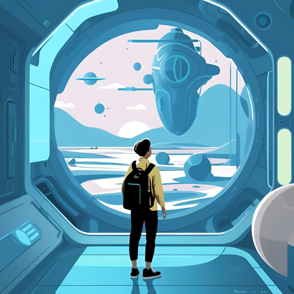 Ilustración futurista de un viajero con mochila observando una nave espacial en un paisaje extraterrestre. Representa la exploración y el viaje hacia la inteligencia artificial en Castor, con vivencias, reflexiones y miedos sobre la transformación digital y el futuro tecnológico.
