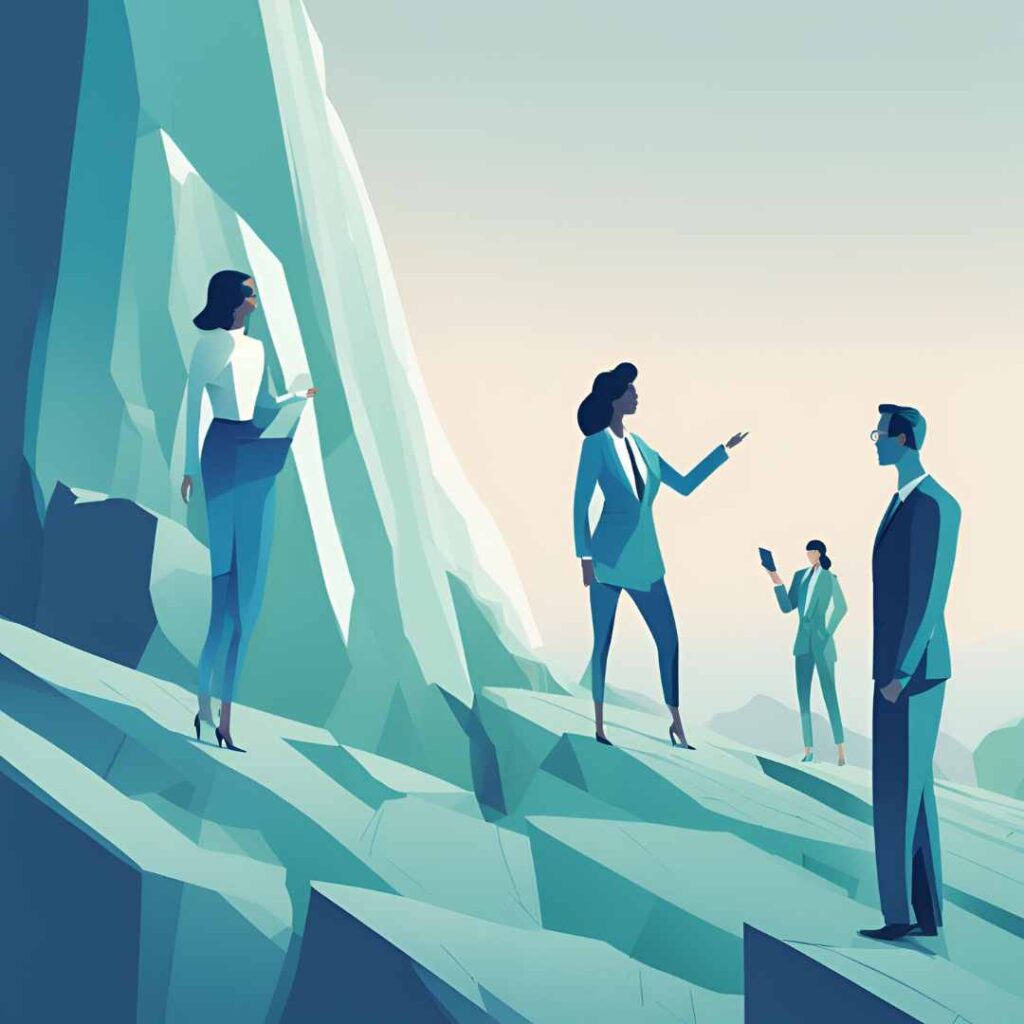 Ilustración conceptual de liderazgo con IA en la era digital. Ejecutivos en un entorno montañoso simbolizan el desafío de la transformación digital, destacando la toma de decisiones basada en datos, tecnología e innovación en empresas modernas.