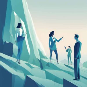 Ilustración conceptual de liderazgo con IA en la era digital. Ejecutivos en un entorno montañoso simbolizan el desafío de la transformación digital, destacando la toma de decisiones basada en datos, tecnología e innovación en empresas modernas.