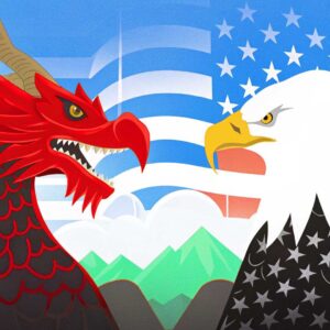 Ilustración de la rivalidad entre China y EE. UU., representada por un dragón rojo y un águila calva frente a sus respectivas banderas. Simboliza la competencia global en tecnología, economía y geopolítica.