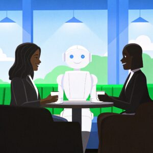 Ilustración de dos mujeres profesionales conversando con un robot en una cafetería. Representación de la integración de la inteligencia artificial en la vida cotidiana y el entorno laboral.