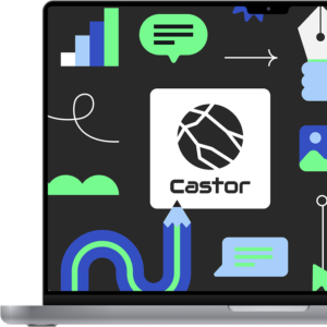 Imagen de un computador portátil que muestra en la pantalla el logo de Castor junto con unas ilustraciones