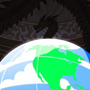 Ilustración de un dragón oscuro observando el planeta Tierra, simbolizando la tensión en la guerra tecnológica entre China y Estados Unidos por oportunidades de negocio China Latinoamérica