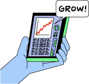 Ilustración de la mano de una persona sosteniendo un teléfono móvil mostrando una gráfica en crecimiento y un mensaje que dice "¡CRECER!" para representar el éxito y el progreso.