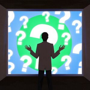 Ilustración de una persona de negocios confundida, rodeada de signos de interrogación en una pantalla gigante. Representación visual de la incertidumbre en la toma de decisiones y el análisis de datos en un entorno empresarial dinámico.