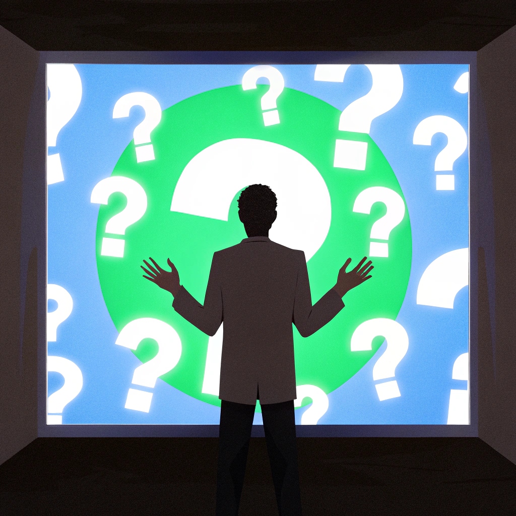 Ilustración de una persona de negocios confundida, rodeada de signos de interrogación en una pantalla gigante. Representación visual de la incertidumbre en la toma de decisiones y el análisis de datos en un entorno empresarial dinámico.