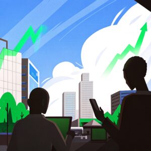 Ilustración de crecimiento financiero y digitalización en la banca. Dos personas analizan datos en dispositivos mientras observan un entorno urbano con gráficos de crecimiento verde, simbolizando la evolución fintech y el éxito digital.