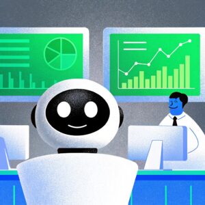 Ilustración de inteligencia artificial en el análisis de datos. Un robot y un analista observan gráficos con tendencias y estadísticas en tiempo real, representando el impacto de la IA en la toma de decisiones empresariales.