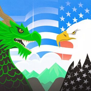 Ilustración de la rivalidad entre China y EE. UU., representada por un dragón rojo y un águila calva frente a sus respectivas banderas. Simboliza la competencia global en tecnología, economía y geopolítica.
