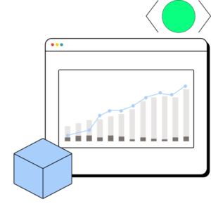 Ilustración que representa el desarrollo de software, que contiene una gráfica de barras que crece de menor a mayor, mostrando las mejoras en el rendimiento de un sitio web o una aplicación