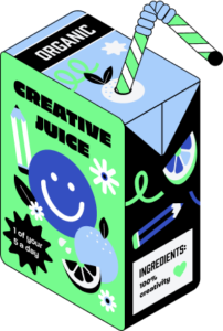 Ilustración de una caja de jugo que se llama "El jugo de la creatividad". Tiene un diseño vibrante y moderno, muy colorido y que va acompañado de la ilustración de una naranja, un lápiz, una cara feliz, unas flores y la tabla de ingredientes dice que es 100% creatividad.