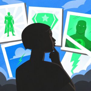 Ilustración de una persona reflexionando sobre imágenes de héroes y símbolos de poder, representando la falacia de autoridad y el mito del héroe. Concepto visual sobre la influencia de figuras idealizadas en la toma de decisiones y el pensamiento crítico.