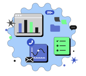 ilustración que representa la productividad en el entorno laboral, en donde se ven gráficos de barras, un gráfico de líneas, una lista de tareas, iconos de correo electrónico y teléfono, carpetas, notas adhesivas y una burbuja de chat.