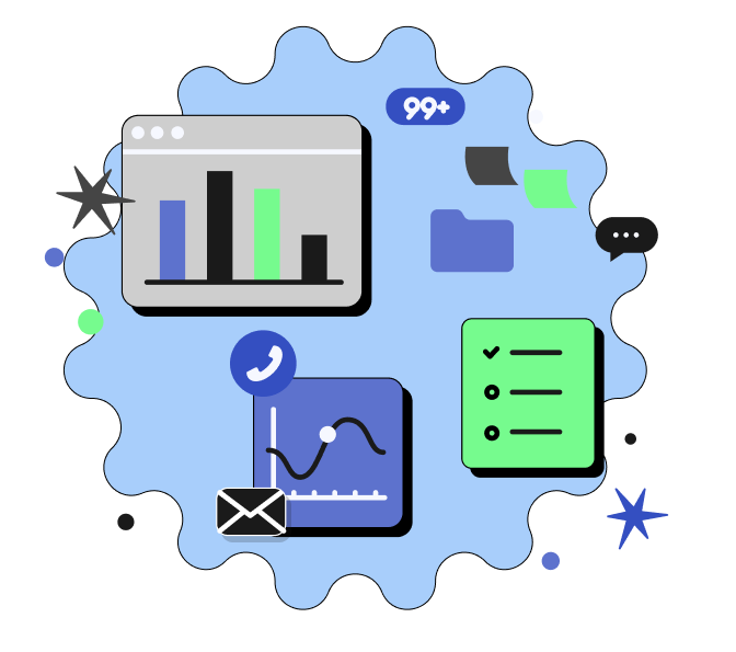 ilustración que representa la productividad en el entorno laboral, en donde se ven gráficos de barras, un gráfico de líneas, una lista de tareas, iconos de correo electrónico y teléfono, carpetas, notas adhesivas y una burbuja de chat.