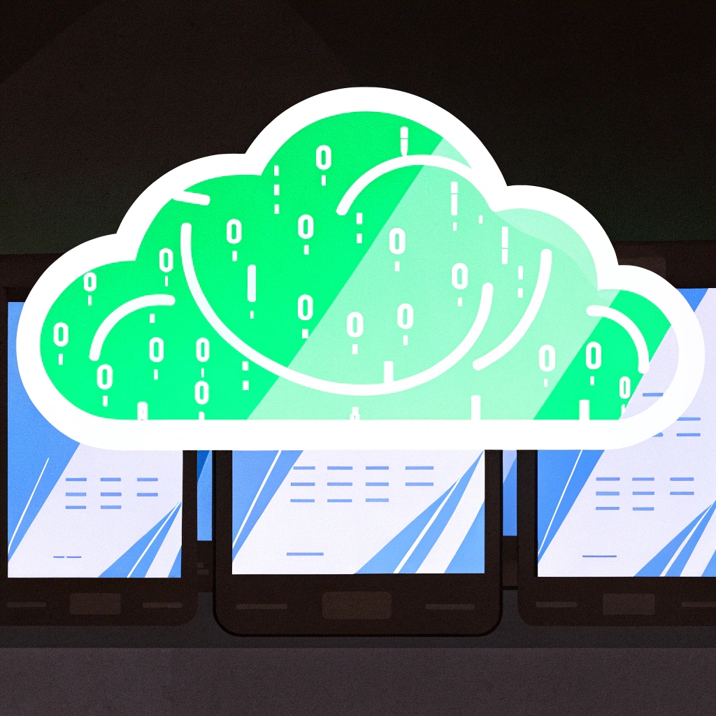 Ilustración de gitlab que es y para que sirve, con nube digital con datos binarios sobre pantallas de dispositivos, simbolizando almacenamiento en la nube, GitLab, GitHub y gestión de código en entornos colaborativos