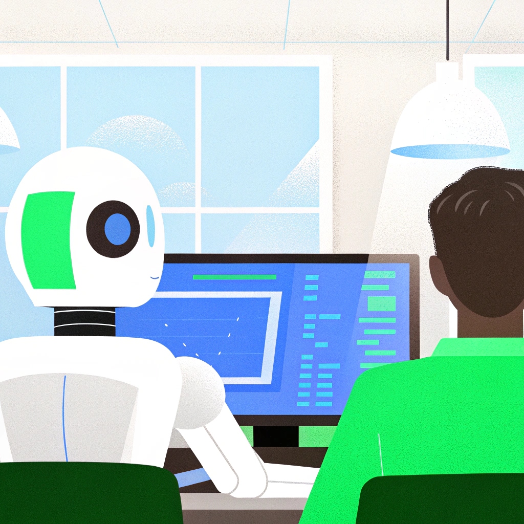 Ilustración de un robot y un desarrollador colaborando frente a una pantalla de código, representando la inteligencia artificial en el desarrollo de software.