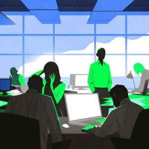Ilustración de una oficina con empleados estresados frente a computadoras, simbolizando jerarquías corporativas rígidas y ambientes laborales tensos.
