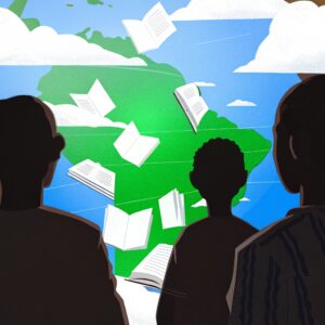 Ilustración de personas observando libros flotando sobre el mapa de América Latina, simbolizando la generación y exportación de conocimiento desde LATAM al mundo.
