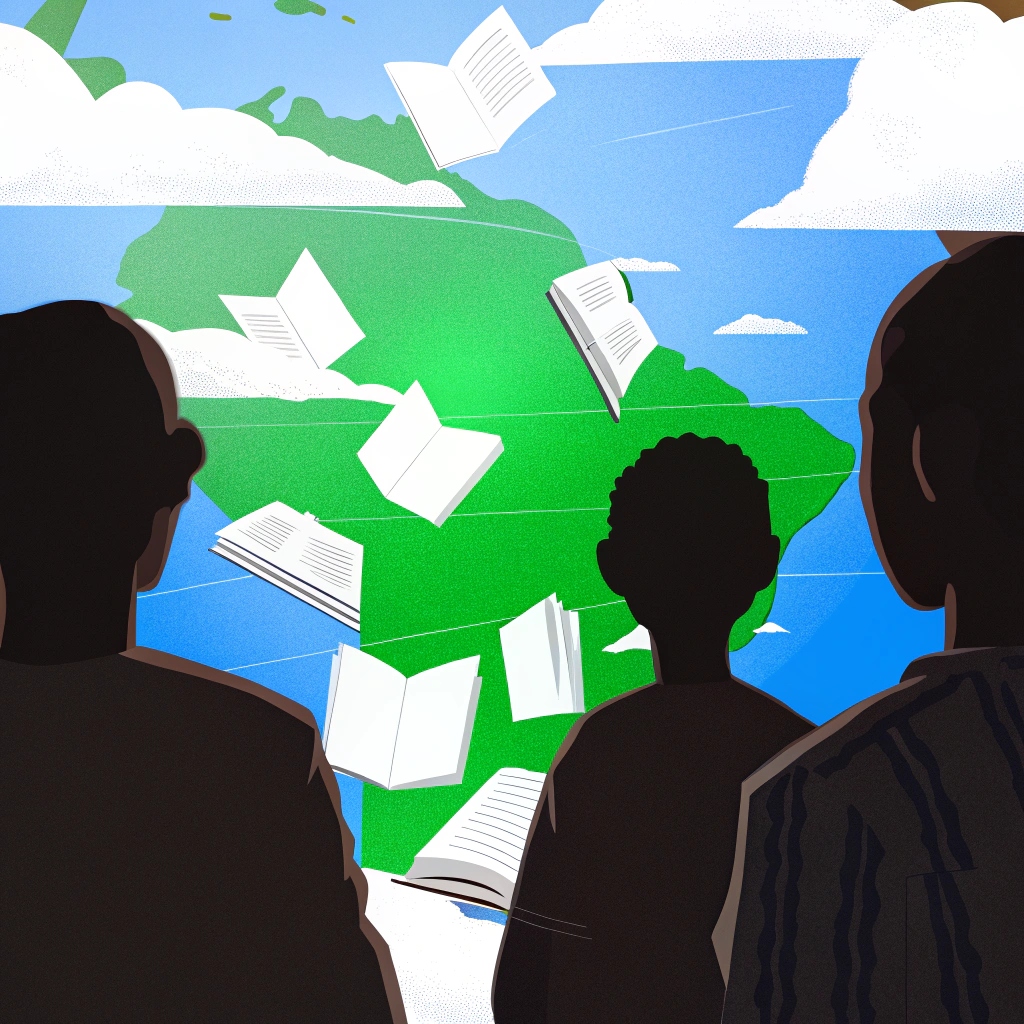 Ilustración de personas observando libros flotando sobre el mapa de América Latina, simbolizando la generación y exportación de conocimiento desde LATAM al mundo.
