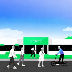 Ilustración de la economía plateada en América Latina con personas mayores activas en un entorno urbano moderno.