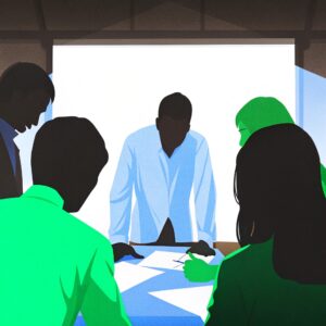 Ilustración de: ¿Cómo será el liderazgo en el futuro? Retrata un equipo reunido alrededor, ilustrando de una mesa en una sala de reuniones, colaborando en la toma de decisiones bajo el liderazgo de una persona al frente, resaltando un enfoque colectivo.