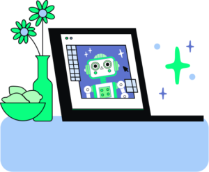 Ilustración de un computador que en s pantalla tiene un robot que representa la inteligencia artificial y automatización