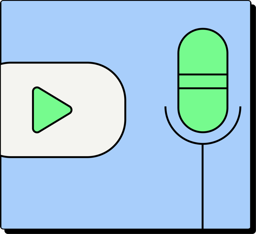 Ilustración de un micrófono y un reproductor de video, que representa el contenido audiovisual que genera Castor