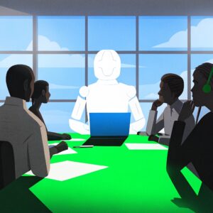 Ilustración de una reunión de trabajo en la que un robot blanco, con apariencia humanoide, se encuentra al centro de la mesa con una laptop, rodeado de cinco personas diversas que lo escuchan con atención en una oficina con ventanales grandes.