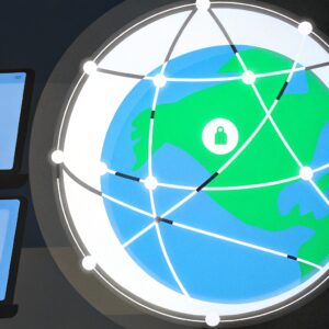 Ilustración de un globo terráqueo iluminado con un símbolo de candado en el centro, representando seguridad. El globo está rodeado por una red de conexiones blancas brillantes que simbolizan la interconectividad global. A la izquierda, se ven parcialmente varias pantallas de computadoras en un ambiente oscuro, sugiriendo un entorno tecnológico y de control.