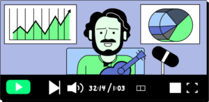 Ilustración de un hombre tocando un ukelele mientras graba un video