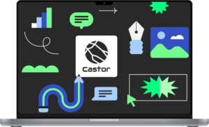 Imagen de un computador portátil que muestra en la pantalla el logo de Castor junto con unas ilustraciones que simbolizan la creatividad