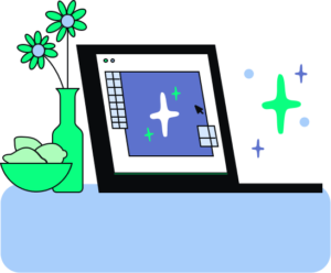 Ilustración que muestra un computador creando un producto digital con inteligencia artificial