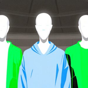 Ilustración de tres humanos sintéticos con rostros sin rasgos definidos, vestidos con sudaderas de colores brillantes (verde y azul), en un entorno futurista. Representación conceptual de inteligencia artificial aplicada a la creación de humanos digitales.