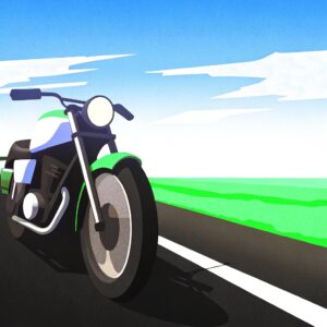 Ilustración de una motocicleta en primer plano avanzando por una carretera abierta. El cielo está despejado con algunas nubes y se ven campos verdes a los lados del camino. La escena transmite libertad y movimiento.