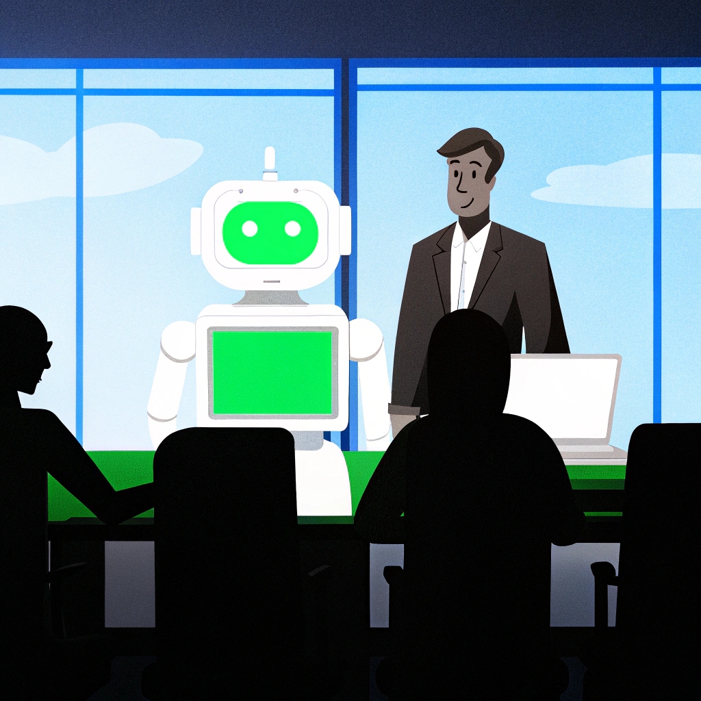 Ilustración de una reunión en una oficina con un hombre de traje de negocios de pie al lado de un robot con una pantalla verde. El hombre parece estar explicando algo al grupo de personas que están sentadas a la mesa, con laptops frente a ellos, mientras observan al robot en la presentación. La ventana muestra un cielo azul despejado.