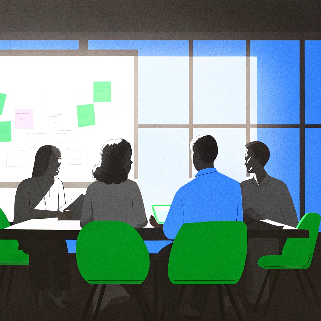 Ilustración de un equipo de trabajo reunido en una sala de conferencias con una pizarra de fondo llena de notas adhesivas de colores. Cuatro personas están sentadas en sillas verdes alrededor de la mesa, discutiendo ideas. Se pueden ver dos personas con documentos y dos con dispositivos electrónicos (una con tablet y la otra con una laptop), mientras una de ellas sonríe.