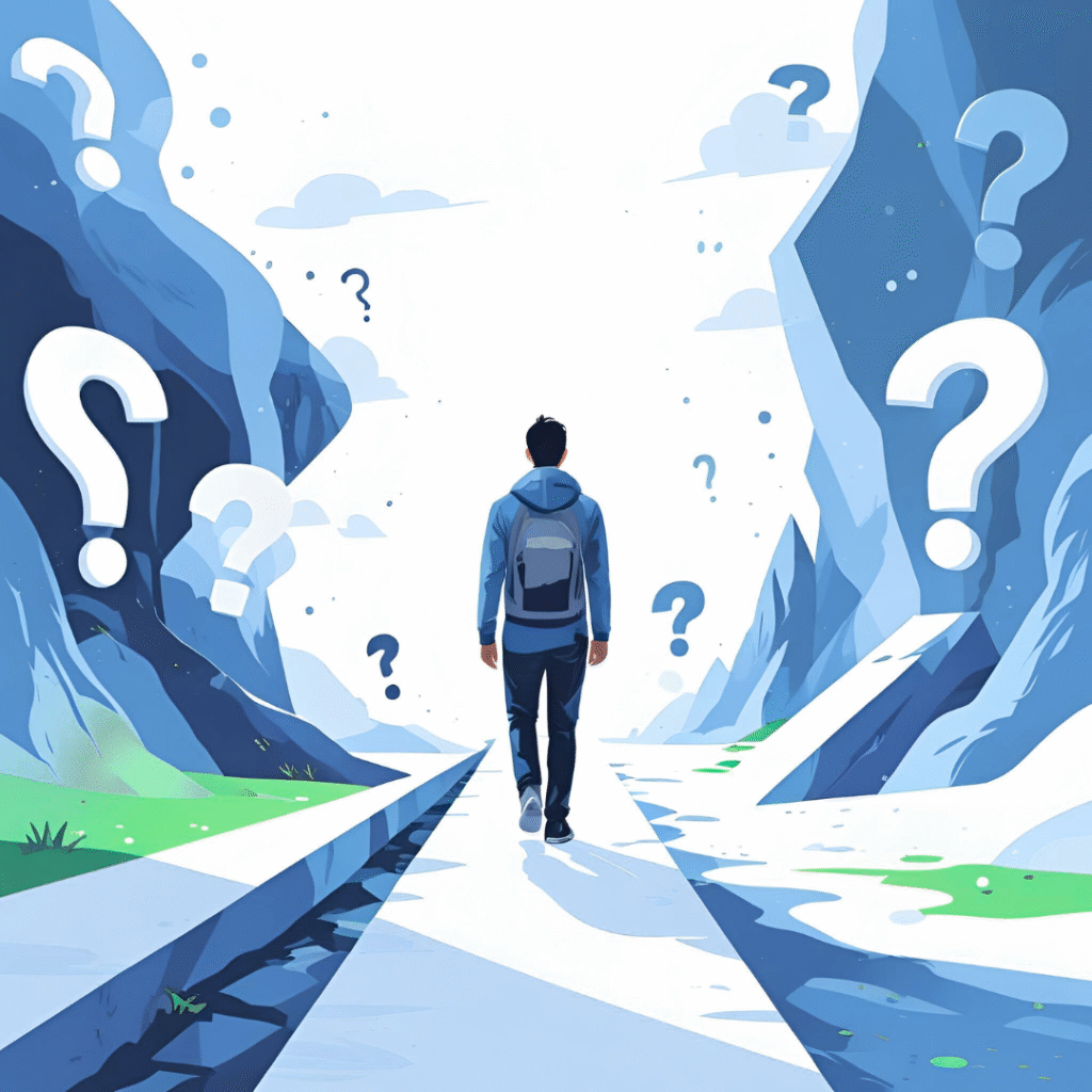 Ilustración de persona caminando por un camino entre montañas azules con signos de interrogación gigantes, simbolizando decisiones, búsqueda de respuestas y exploración de lo desconocido.
