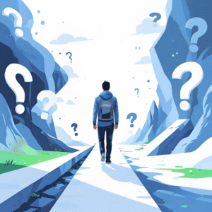 Ilustración de persona caminando por un camino entre montañas azules con signos de interrogación gigantes, simbolizando decisiones, búsqueda de respuestas y exploración de lo desconocido.