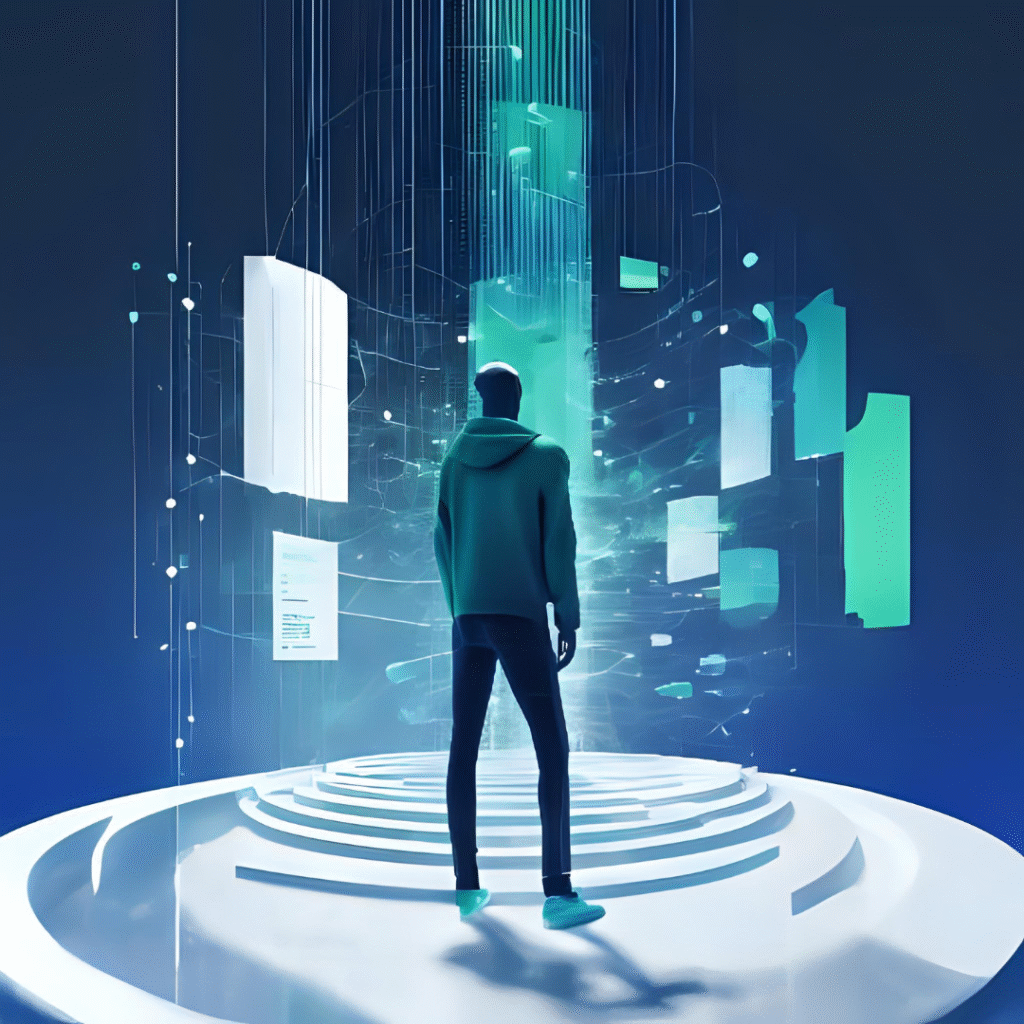 Persona observando un entorno digital con datos flotantes, representando la importancia del análisis de datos en la era de la inteligencia artificial y la transformación digital.