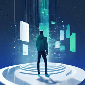 Persona observando un entorno digital con datos flotantes, representando la importancia del análisis de datos en la era de la inteligencia artificial y la transformación digital.