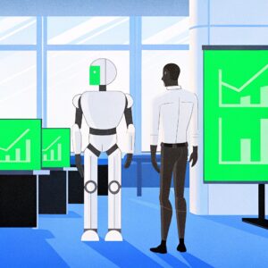 Ilustración de un robot y un ejecutivo observando gráficas de crecimiento en una oficina moderna, simbolizando colaboración entre inteligencia artificial y humanos en la toma de decisiones empresariales.