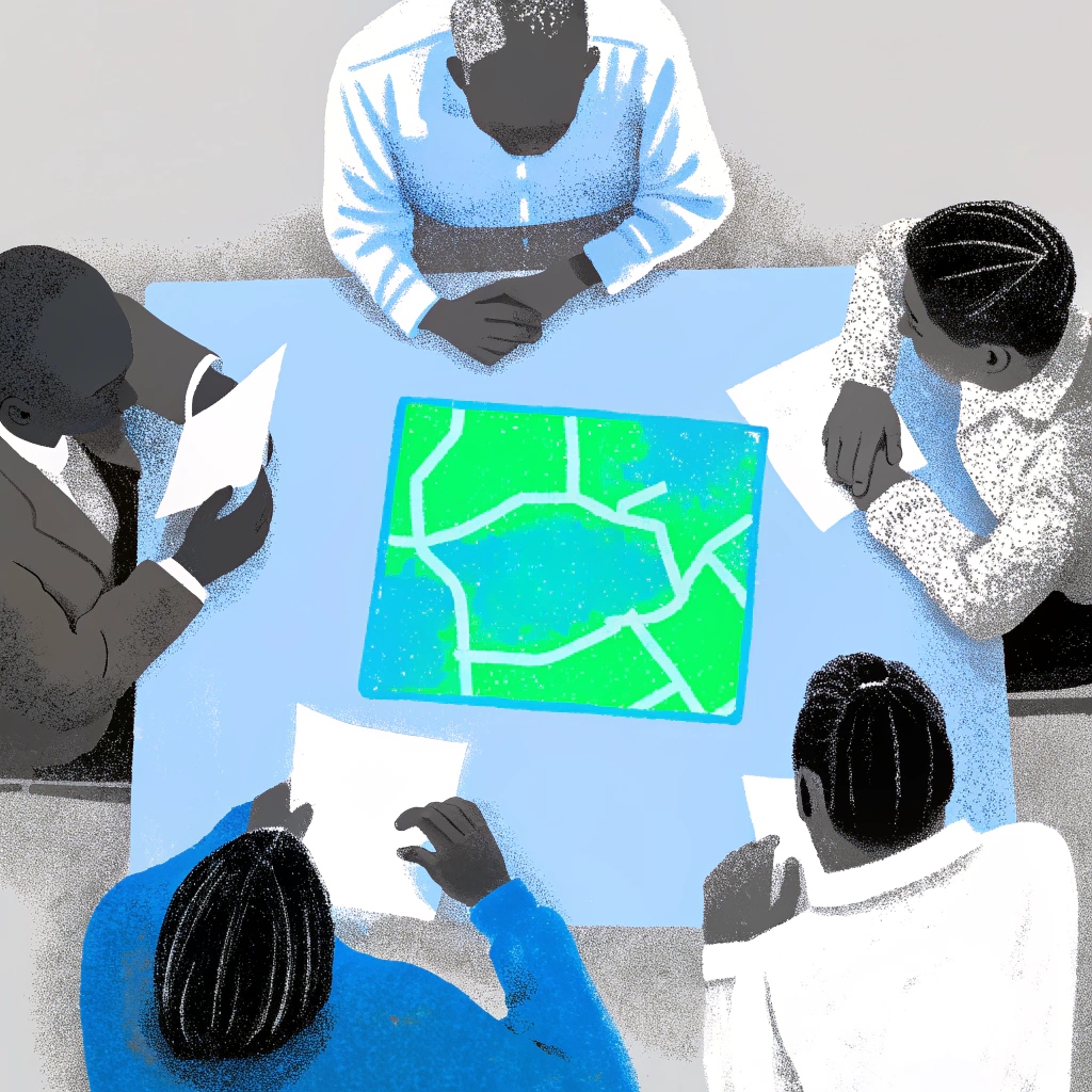Ilustración de gestión del conocimiento en empresas vista desde arriba de un equipo diverso de cinco personas sentadas alrededor de una mesa azul, observando un mapa verde con líneas blancas que representan rutas. Cada persona sostiene una hoja de papel, lo que sugiere una sesión de planificación o estrategia colaborativa.