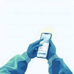 Persona utilizando una aplicación financiera en su smartphone para gestionar pagos y transferencias digitales, con diseño minimalista y tecnología móvil moderna.